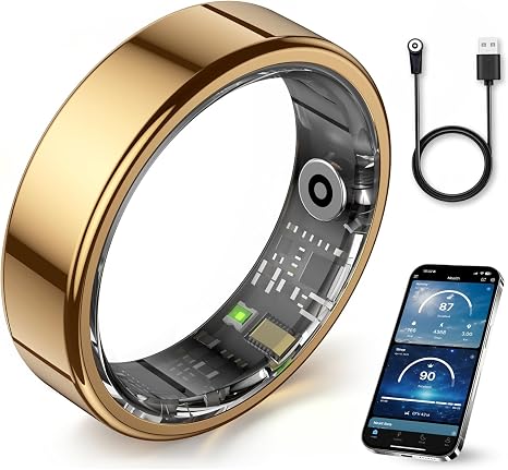 Smart Ring Health Tracker for Women & Men, Blood Oxygen/Sleep/Stress/Sports Modes/Women's Health/5ATM Waterproof Fitness Tracker Ring, No Subscription Required(Gold-Size 7)