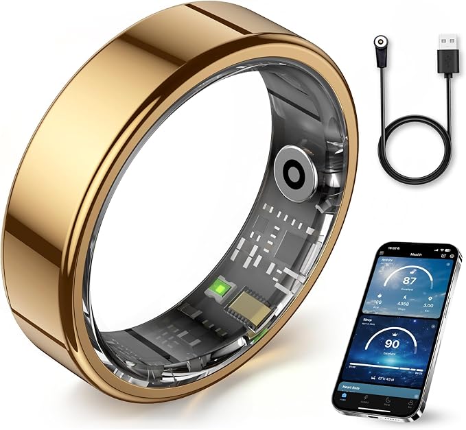 Smart Ring Health Tracker for Women & Men, Blood Oxygen/Sleep/Stress/Sports Modes/Women's Health/5ATM Waterproof Fitness Tracker Ring, No Subscription Required(Gold-Size 7)