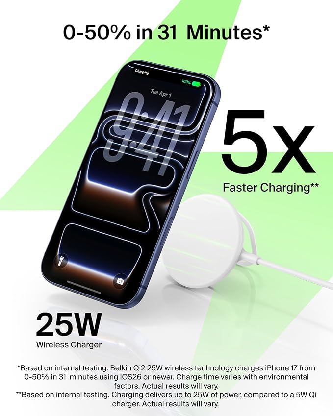 Belkin MagSafe Charger, Magnetic iPhone Charger w/ Qi2 25W, Fast Wireless Charging Pad w/Kickstand for iPhone 17 Series, Samsung Galaxy, Pixel 10, AirPods Pro, Travel - Adapter Included, White