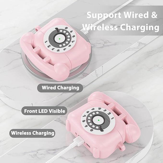 KOREDA for AirPods Pro 2nd/1st Generation Case Cover with Cleaner Kit & Lanyard, Cute Funny Telephone Design Silicone Protective Case for AirPods Pro 2 - Pink