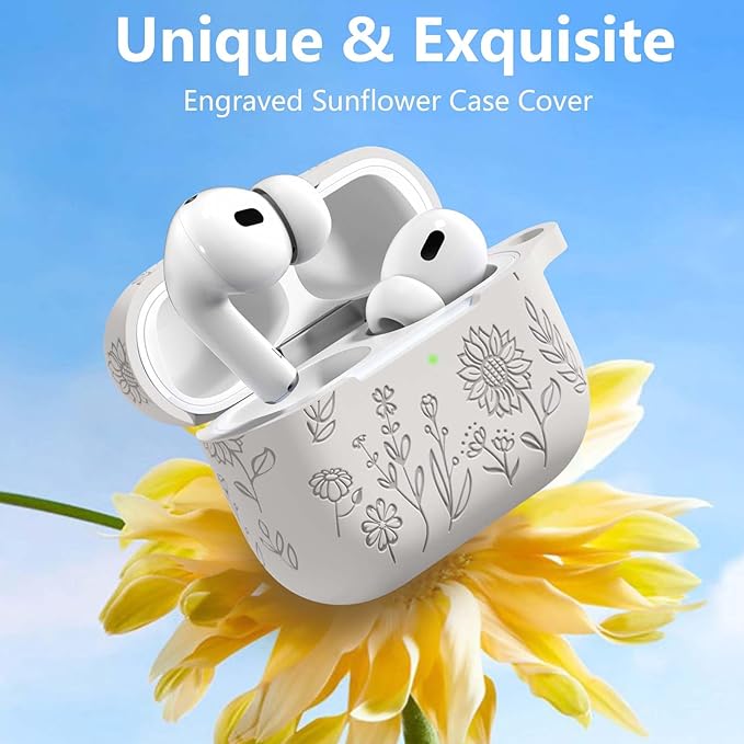 Flower Engraved Case for AirPods Pro 2 Gen with Clean Kit & Keychain, Soft Silicone Protective AirPods Pro 2 Case Cover for Apple AirPods Pro 2nd/1st Generation,Front LED Visible, Starlight