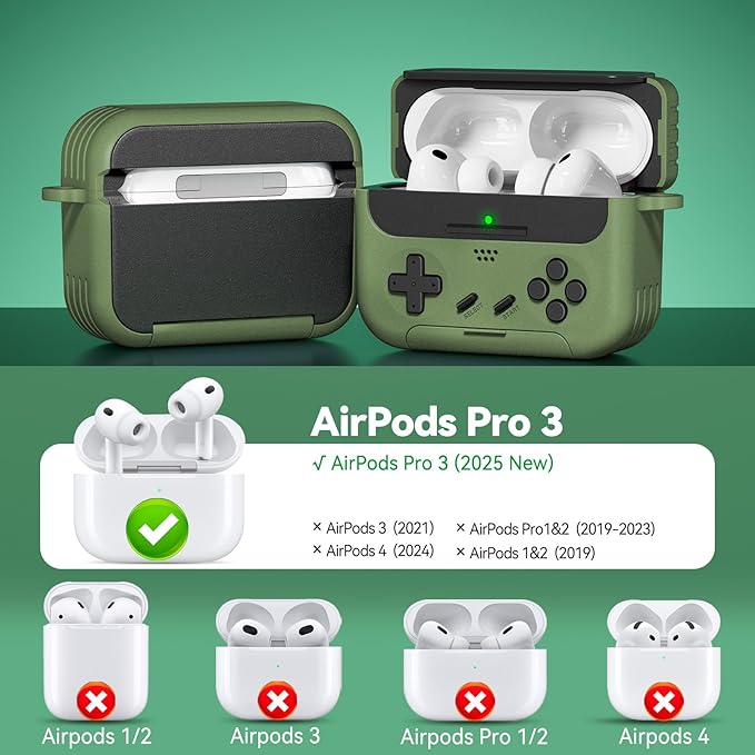 Inesore for Airpods Pro 3 Case Cover with Cleaner Kit,with Lock for Airpod Pro 3 (2025),Classic Cool Funny Game Console Hard Air Pods Pro 3 Case for Men Boy(Military Green)