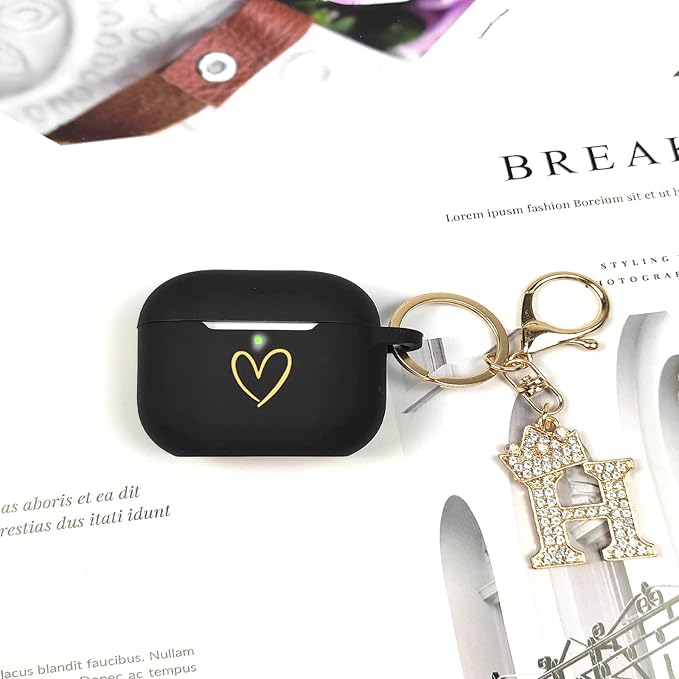 Compatible with AirPods Pro 3 Case Cover (2025), Soft Silicone Case with Gold Heart Pattern for AirPods Pro 3rd Generation Case with Rhinestone Studded Letter A-Z Keychain (H Black)