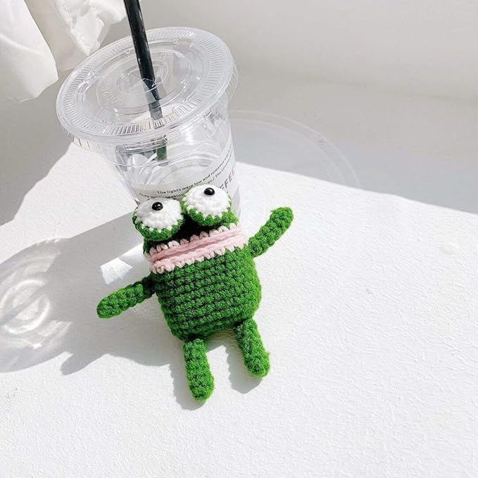 Yatchen Plush Frog Case Compatible with AirPods 1&2, Creative Cute 3D Cartoon Fur Knitted Frog Design Funny Cover with Keychain Protector for Women Girls