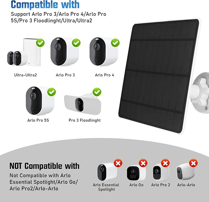 Solar Panel Charger Compatible with Arlo Pro 3/Pro 4/Pro 5S/Pro 3 Floodlight/Ultra/Ultra2, 5W 5V Solar Panel Continuous Power Supply, 9.8ft Cable, IP65 Waterproof, 360° Adjustable Bracket, 2 Pack