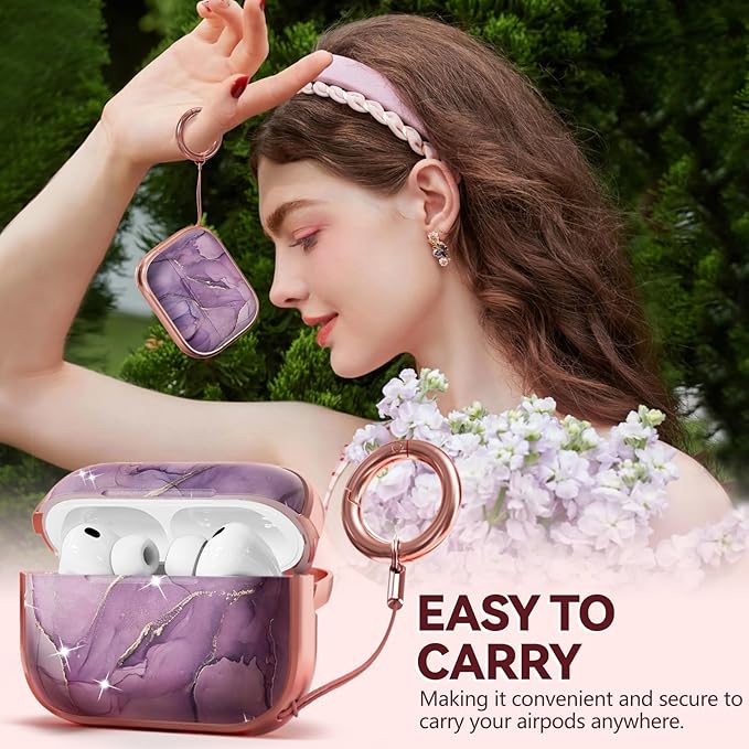 Inesore for AirPods Pro 3 Case 2025 with Lock, for Women Girly Floral Cute Case Compatible with Apple Airpods Pro 3rd Generation Cover, with Phone Stand,Keychain & Cleaner Kit-Purple Gold Marble