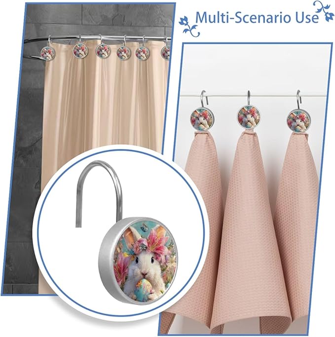 Easter Rabbit and Flowers Shower Curtain Hooks 12Pcs, Decorative Rust Resistant Shower Rings for Shower Curtain Rods, Stainless Steel Round Curtain Hooks for Bathroom, Bedroom, Farmhouse