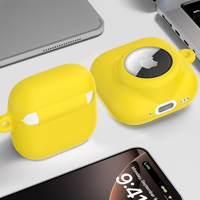 2 in 1 Silicone Case Compatible with AirPod 4 and AirTag 2/1, Shockproof Protective Skin Cover for AirPods 4th Generation with Cleaner Kit & Carabiner (Yellow)