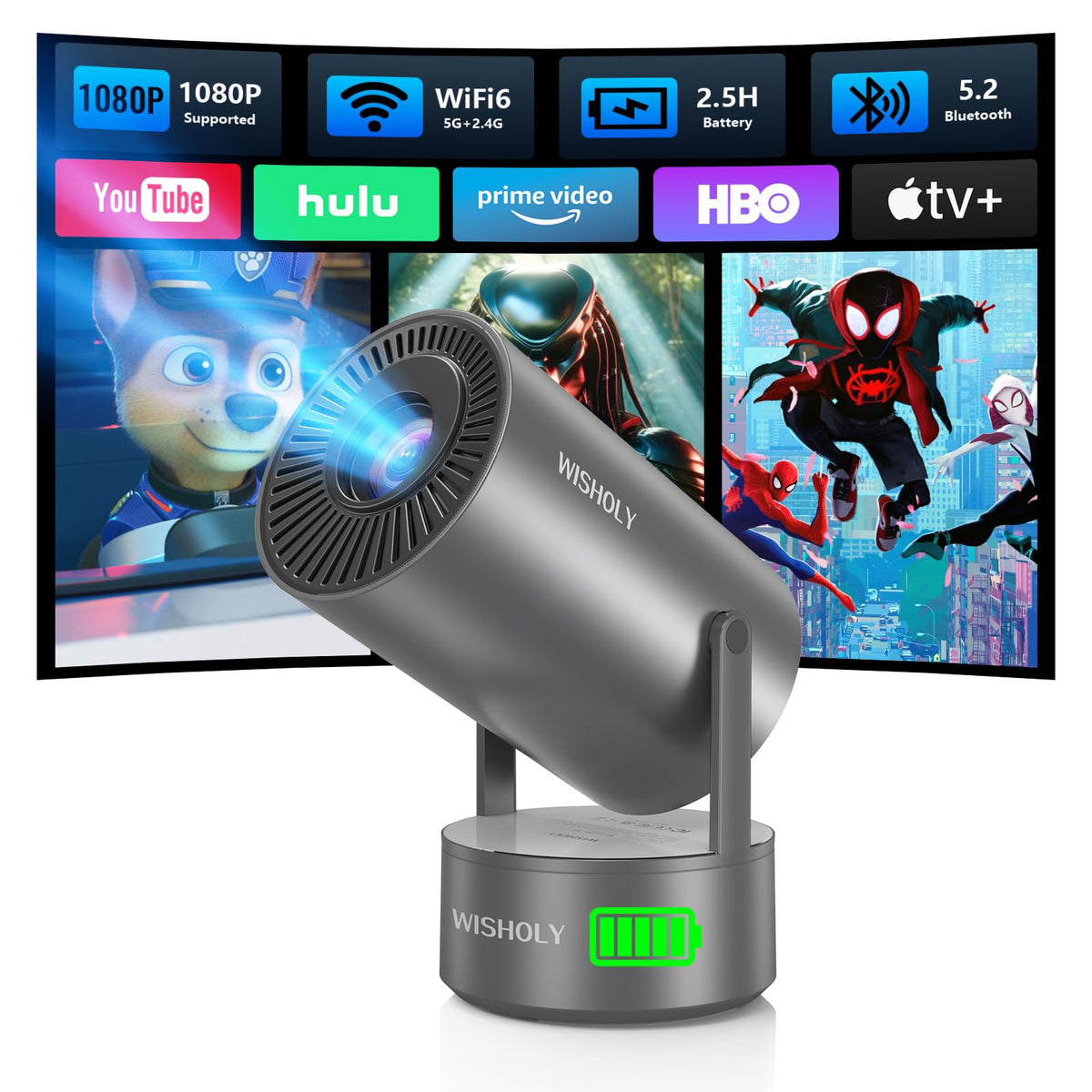 Portable Projector with Built-in Apps & Rechargeable Battery, Mini Projector with WiFi and Bluetooth, Electric Focus, Auto Keystone, 210° Rotatable Stand for Outdoor Movies & Travel( Iron Gray)