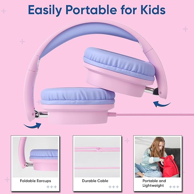 2 Pack Kids Headphones with Sharing Splitter, Stereo Sound Over-Ear Wired Headphones for Kids, Comfortable Fit, Foldable,Tangle-Free 3.5mm Jack Heaphones for School Tablet/Laptop/Computer