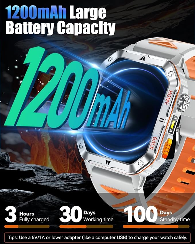 Military Smarty Watch for Men, 2.01" Smartwatch with 1200mAh Battery, Flashlight, Answer/Make Calls, Heart Rate/Sleep Monitor 100+ Sport Modes Fitness Tracker for Android/iPhone