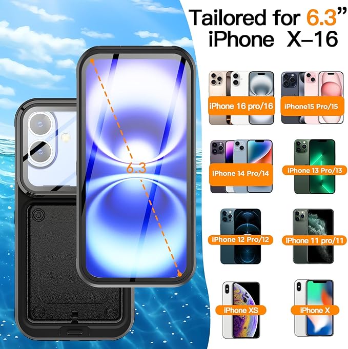AICase Waterproof Phone Case,Universal Self-Check Function Underwater Pouch Dry Bag Beach Floating Shower Snorkeling for iPhone 16/16pro/15/15pro/14/14pro/13/13pro/12/12pro,11pro/xs/x for 6.3" Black