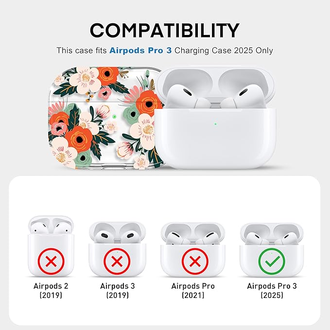 Maxjoy for AirPods Pro 3rd Generation Case, Clear AirPods Pro 3 Case for Women Girly Cute Soft AirPod Pro 3 Cover with Keychain Strap for AirPod Pro 3rd Gen Cover 2025, Floral