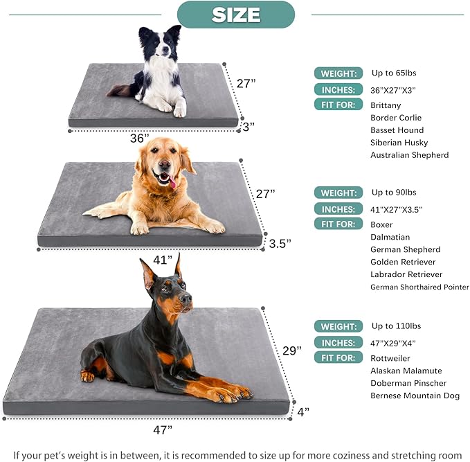 Waterproof XL Dog Beds Large Sized Dog, Outdoor Orthopedic Washable Crate Pad 42 inch, Extra Large Foam Pet Bed with Durable Removable Cover Reversible, XLarge Anti-Slip Kennel Pads, 41"x27", Gray
