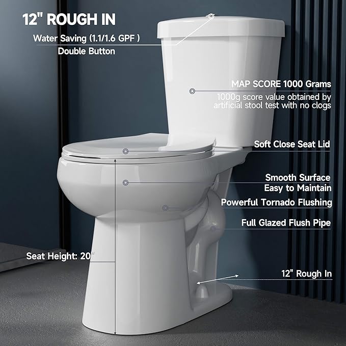 Compact Tall Toilet 19 Inch for Small Bathroom Space 1.1/1.6 GPF Tornado Dual Flush - Two Piece Comfort ADA High Toilet for Seniors, 19 Inch Bowl Height, 20 Inch Seat Height, White