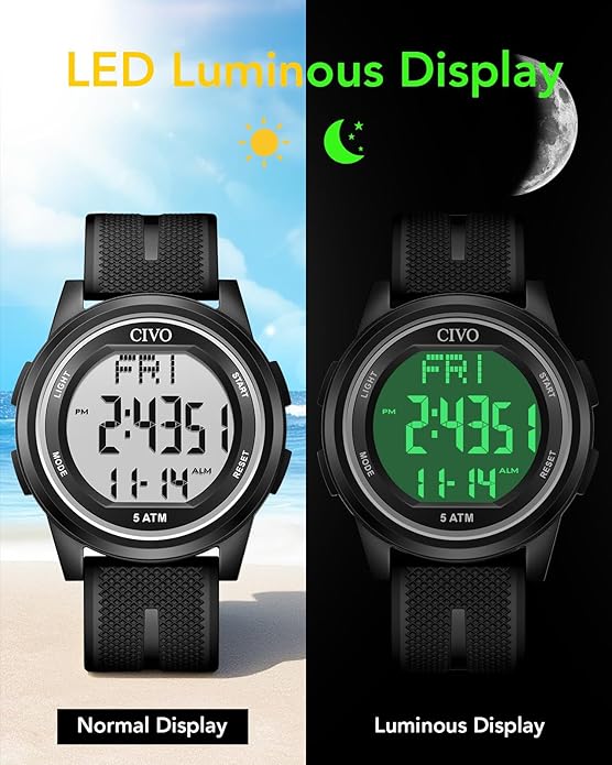 CIVO Digital Watches for Men Women: Sports Waterproof Wristwatch with Stopwatch Alarm Date - LED Backlight Big Numbers Silicone Watch for Outdoor Camping Running Cycling