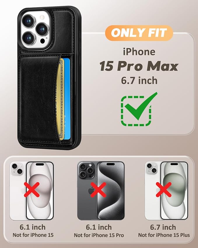 for iPhone 15 Pro Max Case with Wallet - Fits 4 Card Slots, Compatible with MagSafe for Women Men Durable PU Leather Credit Card Holder Kickstand Phone Cover for Apple 15 Promax, Black