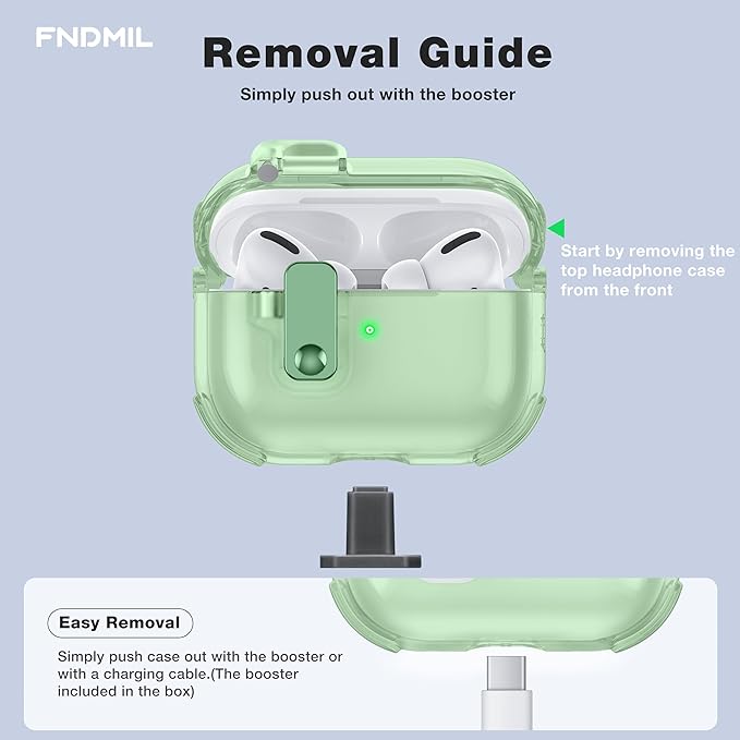 Case for AirPods Pro Case Cover with [Lock Safety & Pop Up][Military Shockproof] Anti-Yellow Transparent Soft TPU Wireless Charging for AirPods Pro Generation Case with Keychain, Clear Green