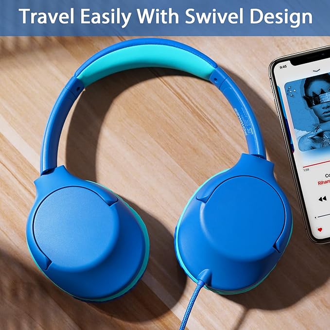 P20 Kids Headphones for School, Kids/Teens/Boys/Girls with Safe 94dB Volume Limited, 3.5mm Jack Wired Cord Over-Ear for Fire Tablets/Travel/PC/Phones(Blue)