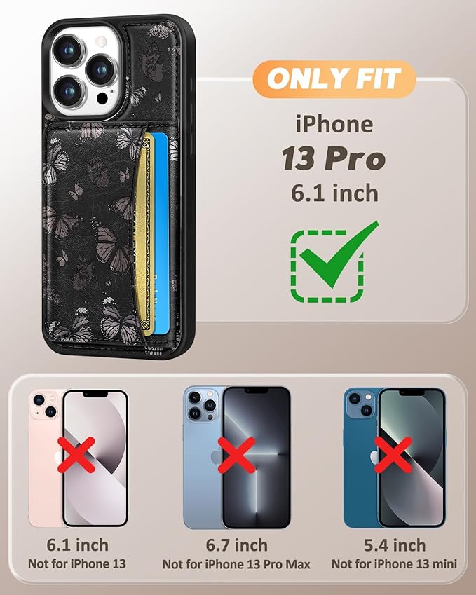 for iPhone 13 Pro Case with Wallet - Fits 4 Card Slots,Compatible with MagSafe for Women Aesthetic Durable PU Leather Credit Card Holder Kickstand Phone Cover for Apple 13 Pro, Black Butterfly