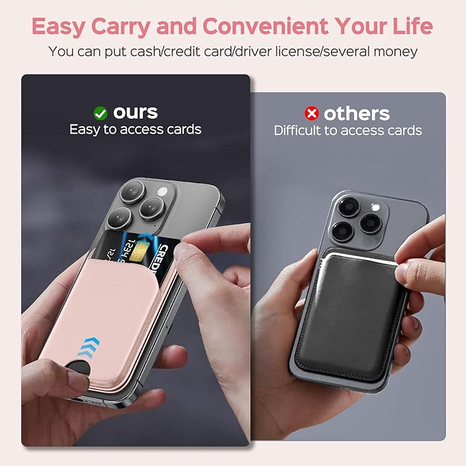 Mag-Safe Wallet for Women Strongest Magnetic Lightweight Phone Wallet Stand Adjustable Leather Card Holder for iPhone 17/16/15/14/13/12 Series, Not for iPhone 13/12 Mini (Pink)