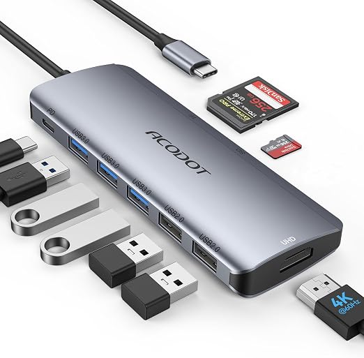 USB C Hub Docking Station, 9-in-1 Multi-Port USB Adapter, 4K@60Hz HDMI, 100W Max PD, 3 USB3.0(5Gbps) + 2 USB2.0 Data Ports, SD/TF Card Reader for MacBook, iPad Pro, Dell, HP, Lenovo, Windows Laptop