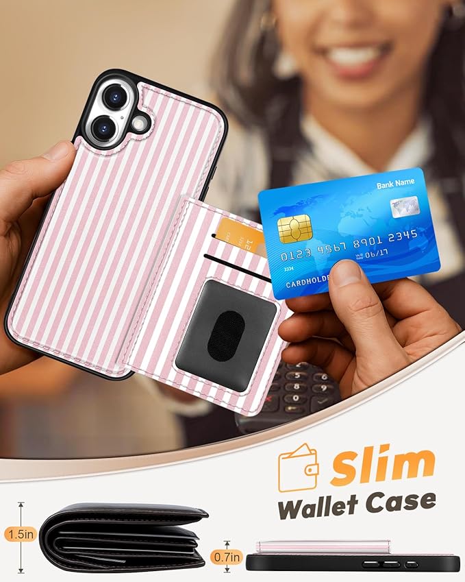 for iPhone 17 Case with Wallet - Fits 4 Card Slots, Compatible with MagSafe for Women Aesthetic Durable PU Leather Credit Card Holder Kickstand Phone Cover for Apple 17, Stripes