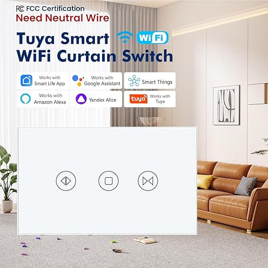 Smart Curtain Switch Neutral Wire Required, 2.4GHz WiFi Dimmer Light Switch with Remote Voice Control, Tempered Glass Panel, Compatible with Alexa and Google Home, White WiFi Curtain