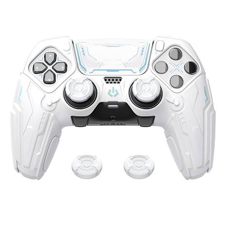 PlayVital for ps5 Edge Controller Silicone Cover Skin - Stellar Mecha Anti-Slip Grip Protector for ps5 Edge Controller with Joystick Cap & Sticker, Shockproof Case - White & Frost Gray