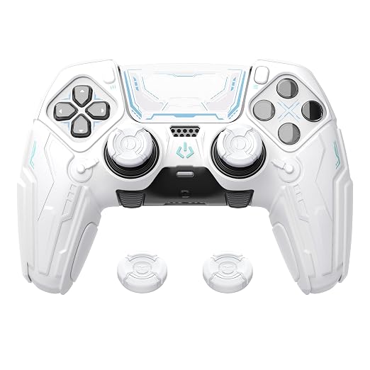 PlayVital for ps5 Edge Controller Silicone Cover Skin - Stellar Mecha Anti-Slip Grip Protector for ps5 Edge Controller with Joystick Cap & Sticker, Shockproof Case - White & Frost Gray
