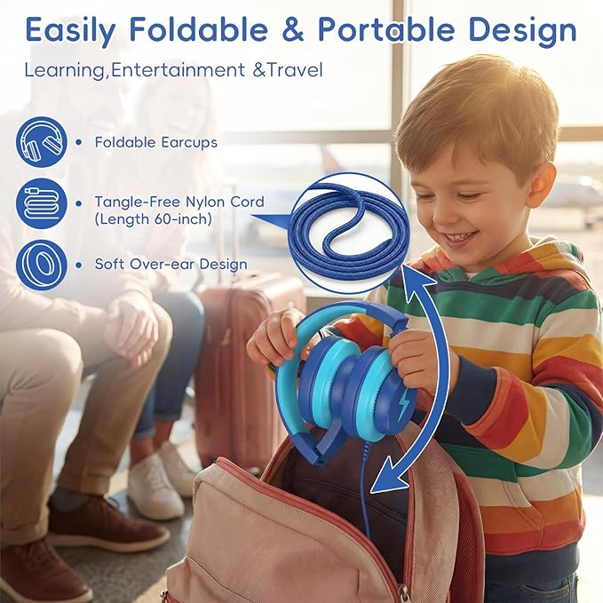 Wired Kids Headphones, USB Type C Headphones for Kids, 85dB Safe Volume, HD Stereo Sound,Comfortable Fit, Adjustable &Foldable, Ideal for Boys/Girls/School/Travel/Tablet(Deep Bule, No Mic)