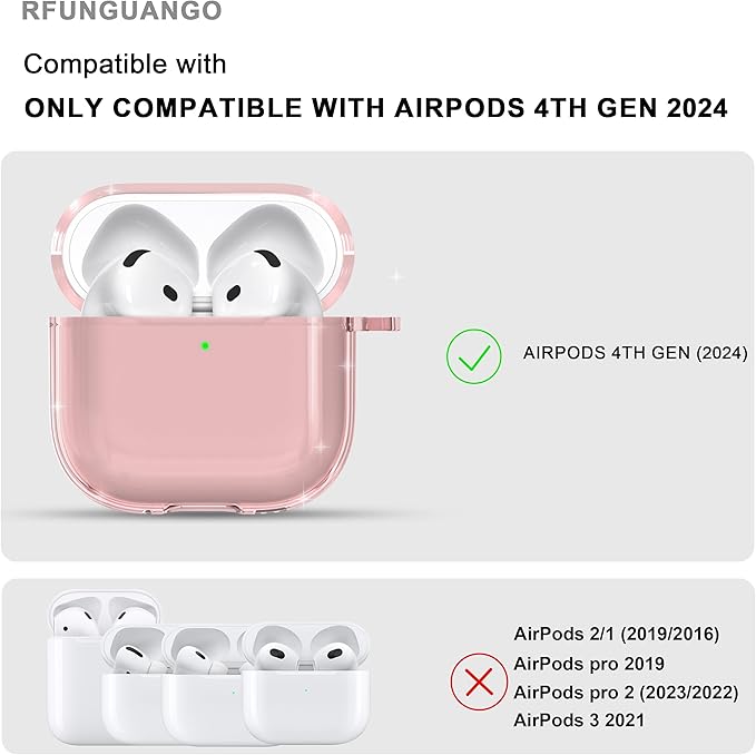RFUNGUANGO AirPods 4 Case Clear, Soft TPU Transparent with Cleaning Kit & Keychain, Compatible with Magsafe, Compatible Apple AirPods 4 (2025) Generation Protective Case, Pink
