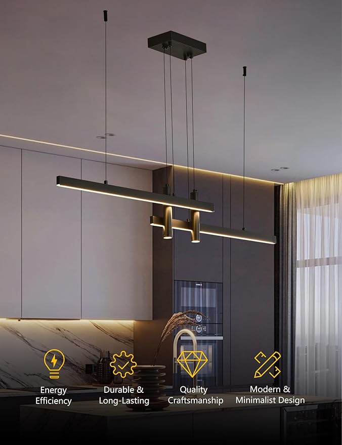 Modern Black Linear Pendant Lights Kitchen Island Lighting Minimalist Led Chandeliers Pool Table Light Dimmable Ceiling Hanging Light Fixture Dining Room with Remote Control (47in)