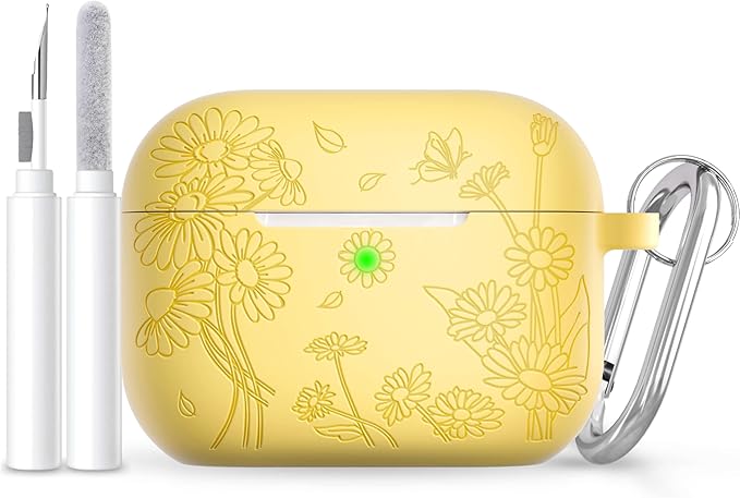 for AirPods Pro 3 Case (2025) DamonLight Daisy Floral Engraved Shockproof Protective Soft Silicone Case Cover with Cleaning Pen and Keychain for Apple Airpods Pro 3rd Generation(Yellow)
