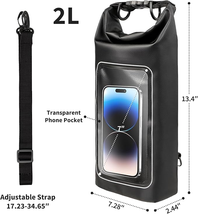 kullder Waterproof Dry Bag, 2L Roll Top Waterproof Pool Bag IPX8 with Crossbody Strap, Phone Pouch Water Protector for Cruise Camp Swim Beach Fish Travel Essentials, Boat & Kayak Accessories (Black)