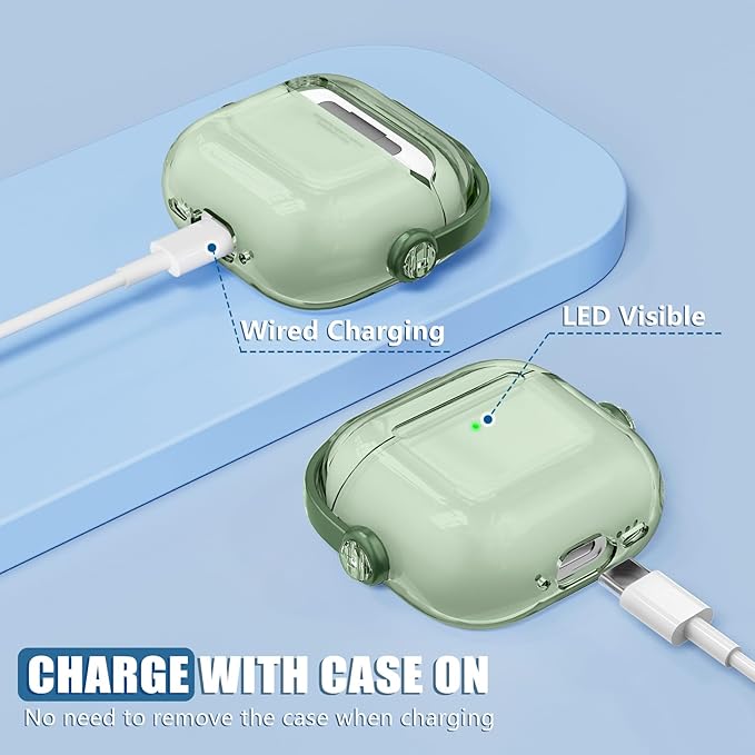 Safety Lock for Airpods 4 Case,TPU Clear Case for Apple Airpods 4 Case 2024 USB-C with Cleaner Kit, Drop Protection Airpods 4 Case Cover for Men for Women with Lock and Keychain, Clear Green