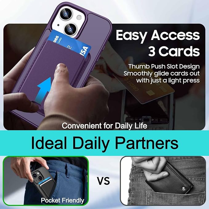 Magnetic for iPhone 15 Plus Case & iPhone 14 Plus Case with Detachable Wallet, Compatible with MagSafe, Military Protective Slim Phone Cover with Card Holder, Purple