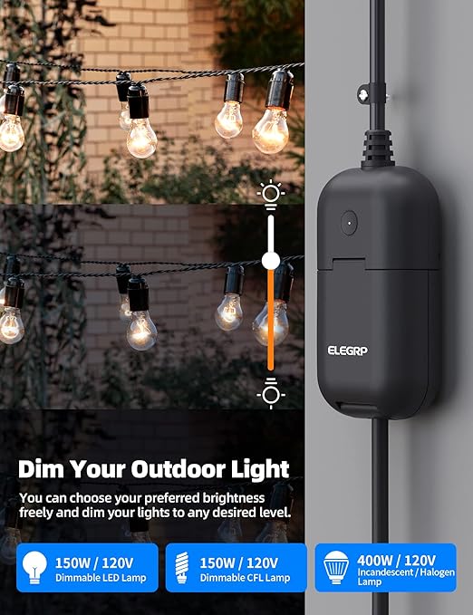 ELEGRP PQR11 Outdoor Smart Dimmer Plug Waterproof IP66, Smart WiFi Plug Compatible with Alexa & Google Assistant, Outdoor Dimmer for String Lights, No Hub Required, UL Certified, 1 Pack, Black