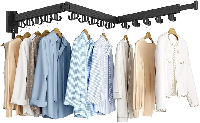 Clothes Drying Rack, Wall Mounted Laundry Drying Rack, Upgrade 3-Fold Foldable Collapsible Retractable Clothing Drying Rack with 12 Dual Hooks Organization for Laundry Room Indoor- Black