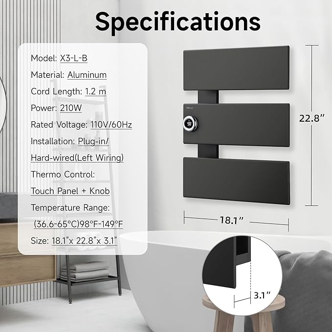 P&Bhusri Electric Heated Towel Rack, Black Towel Warmer with Adjustable Temperature (98–149°F) and Timer (1-24h, On), Fast Heating and Drying for Bathroom, Memory & Remote Control Compatible