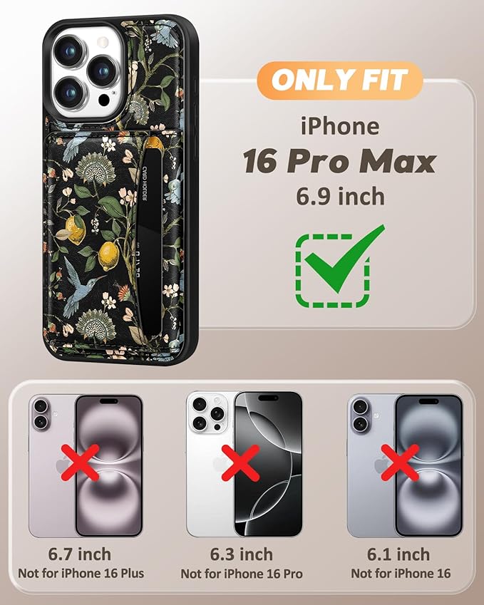 for iPhone 16 Pro Max Case with Wallet - Fits 4 Card Slots, Compatible with MagSafe for Women Aesthetic PU Leather Credit Card Holder Kickstand Phone Cover for Apple 16 Promax, Lemon Bird