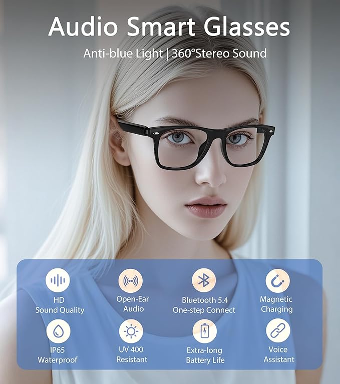 Smart Glasses for Men & Women, Built-in Mic & Speakers Bluetooth Audio Glasses, Blue Light Filter & Polarized UV 400 Protection Lenses Open-Ear Bluetooth Glasses for Android iOS, Black