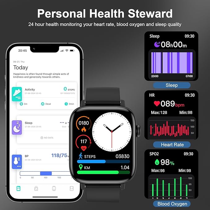 Smart Watch for Men - 1.90" HD Touch Screen Smartwatch, Bluetooth Call, Fitness Tracker with 120+ Sport Modes, Heart Rate & Sleep Monitor, IP68 Waterproof Smart Watches for Android & iPhone, Black