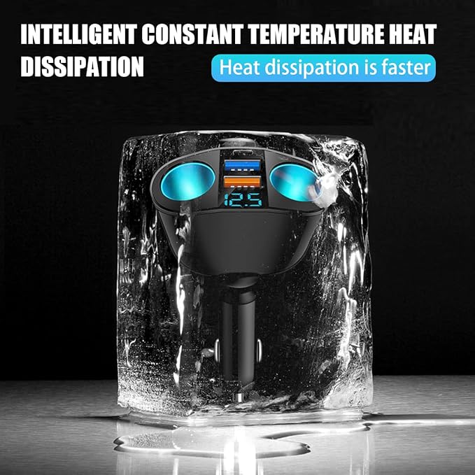 Car Cigarette Lighter Splitter, 2-Socket Cigarette Lighter Adapter with LED Voltmeter, Dual USB QC3.0 Type-C 20W PD Fast Car Charger, 12V/24V Splitter Adapter for Smart Phone GPS Dash Cam