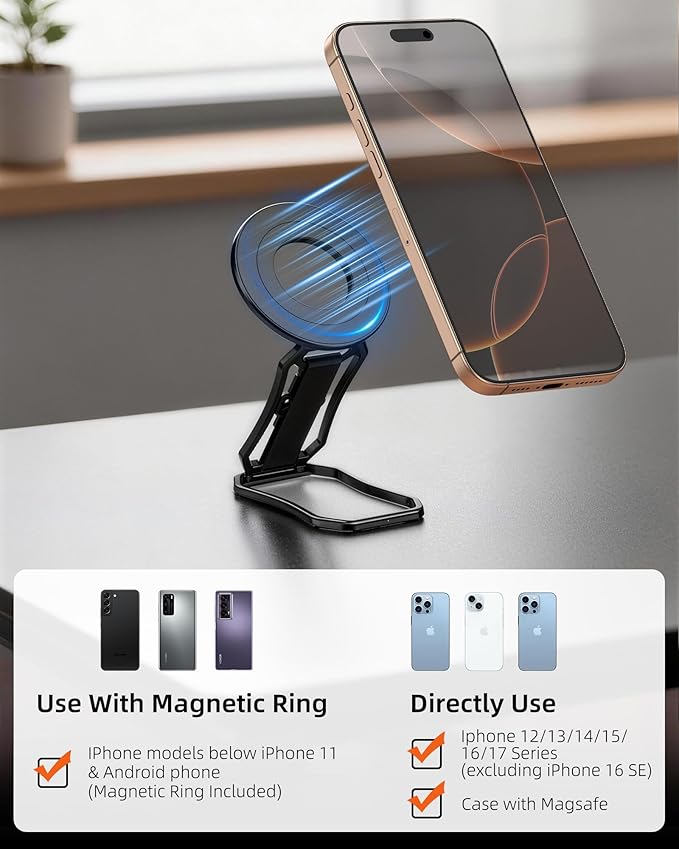 4-in-1 Magnetic Phone Grip Mount Stand with Finger Loop, Phone Ring Holder, Strap, Kickstand for MagSafe - Compatible with iPhone 17, 16, 15, 14, 13, 12, Plus, Pro, Max, Air