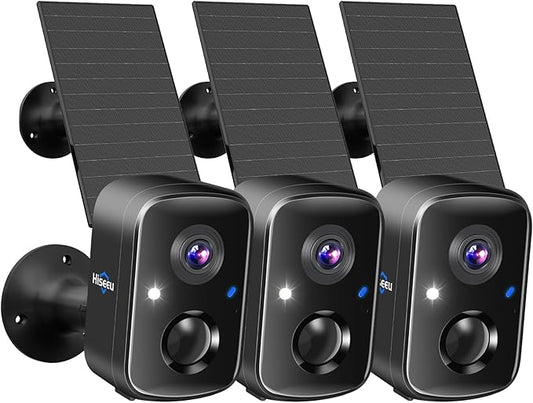 Hiseeu Security Cameras Wireless Outdoor, 3pcs Solar Powered 3K 4MP Surveillance WiFi Cameras for Home Security Outside, PIR/AI Motion Detection, Waterproof, Color Night Vision, 2-Way Audio, Black