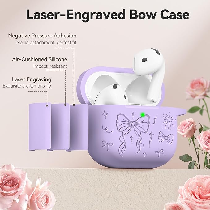for Airpods 4 Case Cover, Joremx Cute Bow Engraved Silicone Protective Case Cover with Keychain, Cleaner Kit for AirPods 4th Generation Case 2024 (Light Purple)