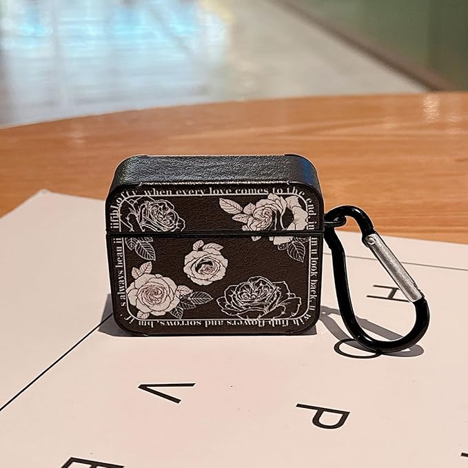 for AirPod Pro 3 Case 2025 for Women Girls Cute Retro Flower Design with Keychain PU Leather Squre Shockproof Protective Cover Compatible with AirPods Pro 3rd Gen Case (Rose Black)