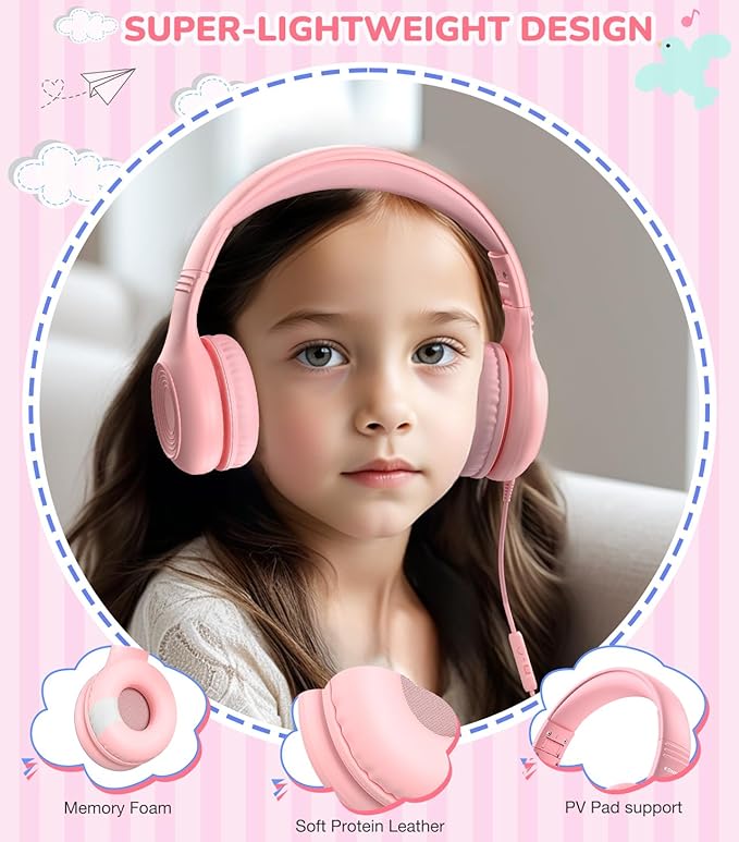 Upgrade USB Type C Kids Headphones, Wired Headphones for Kids with Microphone for Boys Girls, Adjustable 85dB/94dB Volume Limited (Pink)