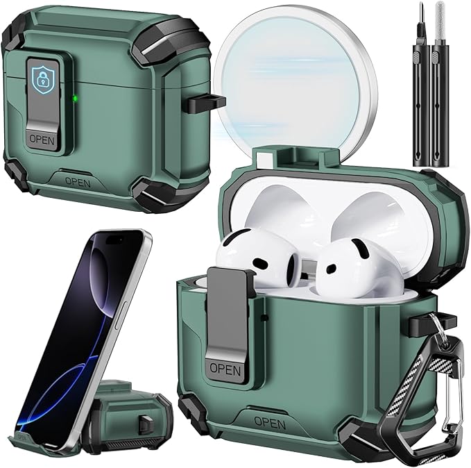 Inesore Compatible with AirPods 4th Case with Phone Stand & Cleaning Kit,Compatible with Magsafe,Magnetic Automatic Lock for Airpods 4 with Active Noise Cancellation Charging Cover (2024)